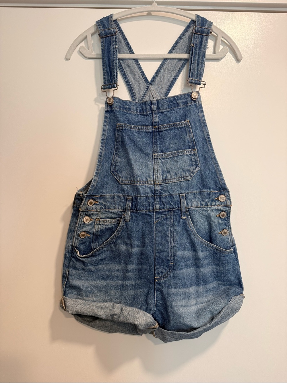 Free People Blue Denim Short Overalls